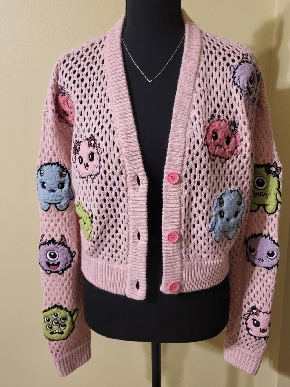Pink Fuzzy Monsters Cardigan by Sweet Society. Size Small.